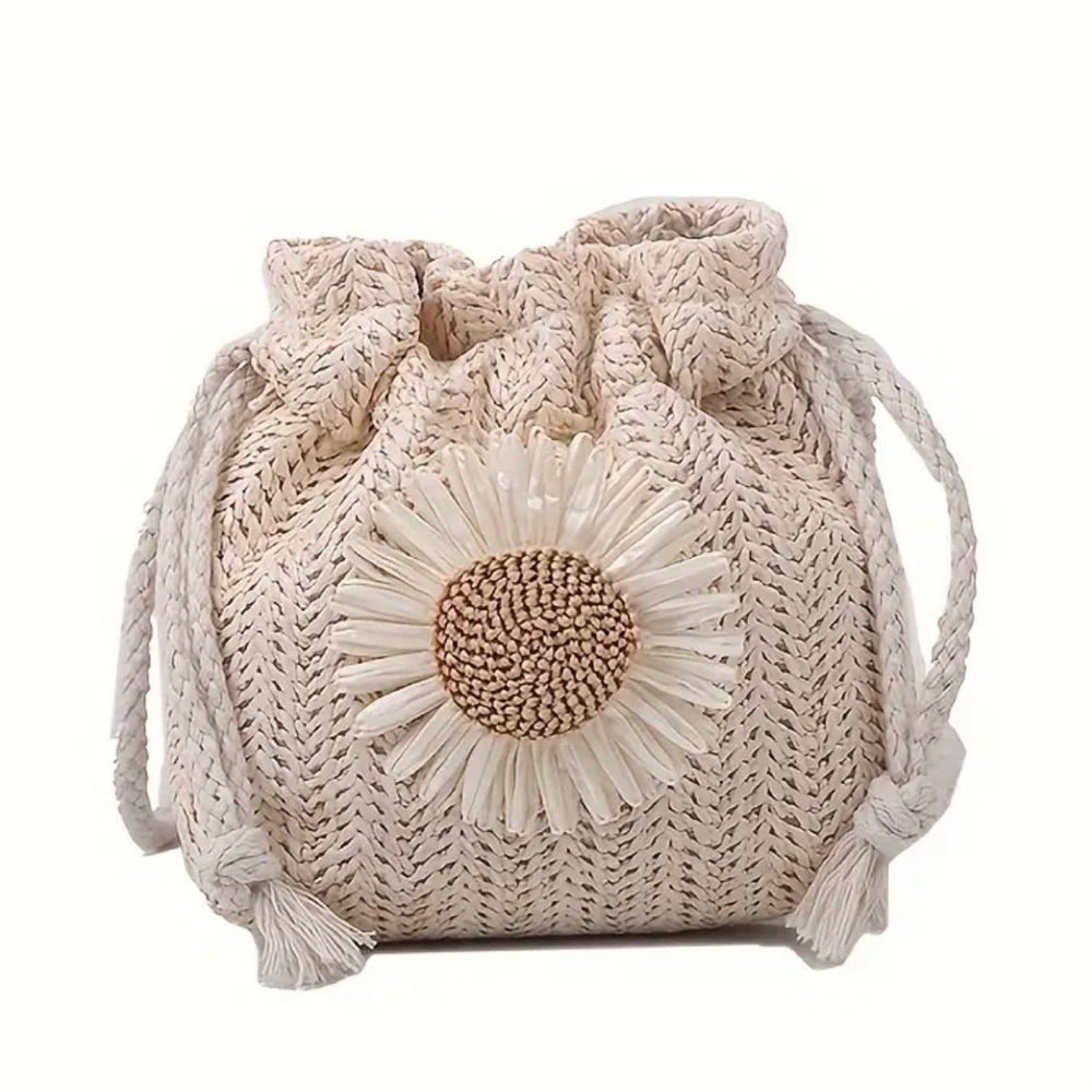 Boho Stylish And Convenient Woven Shoulder Bag With Flower Decoration Khaki - Picture 9 of 10